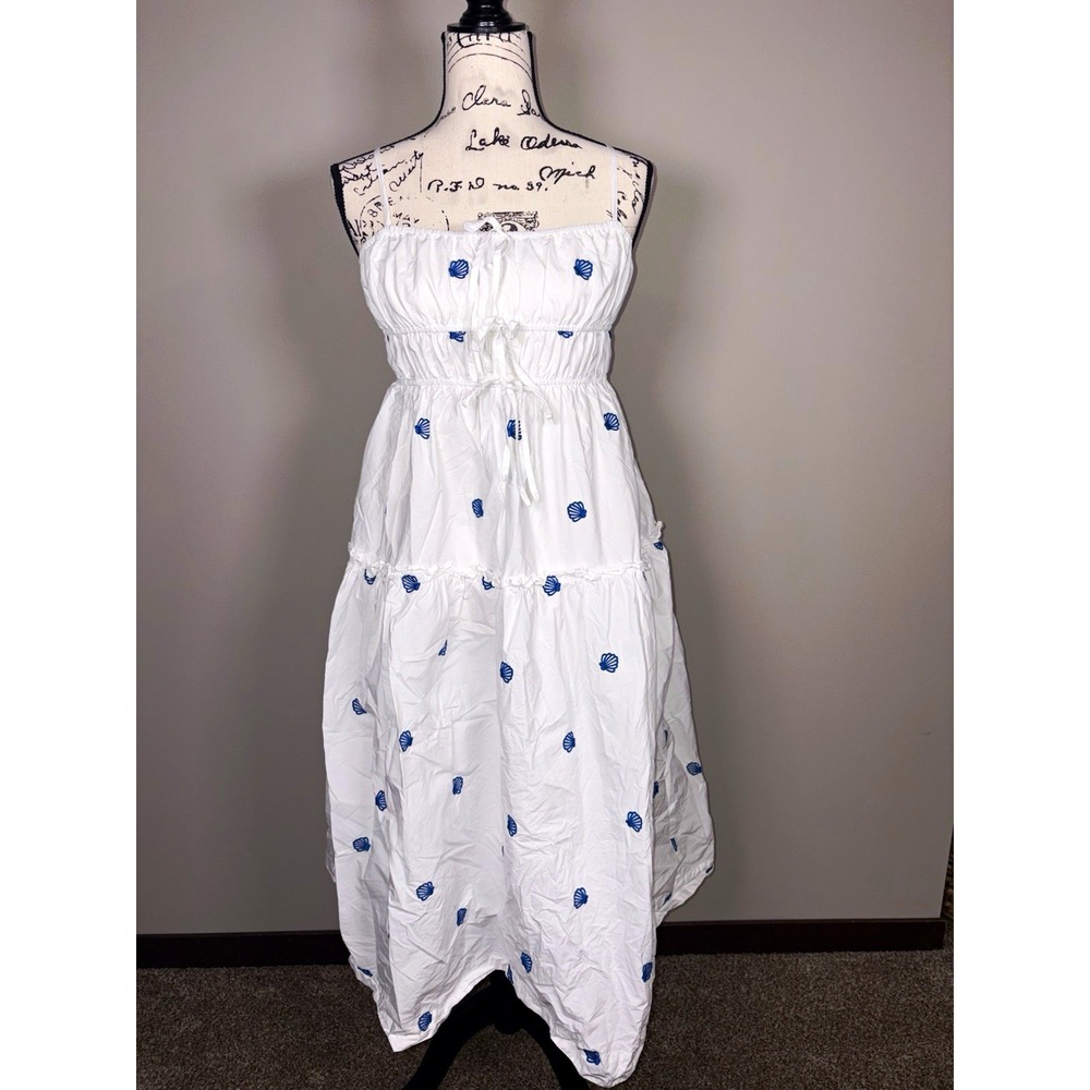 Joie White Blue Embroidered Seashell Spaghetti Strap Tiered Midi Dress Small